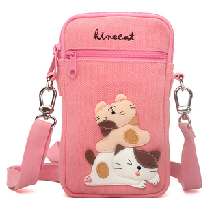 日本设计kine猫纯棉可爱少女，大屏手机包迷你(包迷你)口红小包休闲小斜挎包