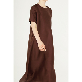 cleanflow铁锈红双宫，丝绸真丝夏季短袖超长宽松极简高级连衣裙