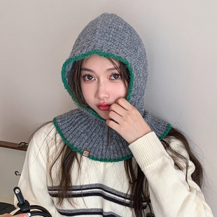 韩国秋冬撞色巴拉克拉法帽保暖毛线针织一体套头帽子围脖护耳帽女