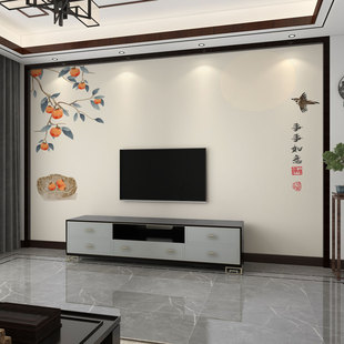 墙纸3d立体中式柿柿如意电视，背景墙壁纸客厅壁布，沙发壁画卧室墙布