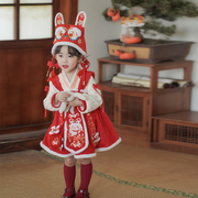 汉服女童中国风冬季连衣裙古装兔年喜庆红色过年女宝宝拜年服