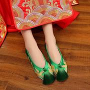 中式婚鞋子新娘结婚布鞋旗袍，秀禾鞋平底龙凤鞋绿色上轿鞋红色