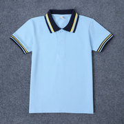 夏装儿童校服短袖polo衫男女童浅蓝色，黄条纹(黄条纹，)领半袖t恤小学生班服