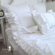 进口欧美韩式双荷叶边嵌手工，褶皱白色贡缎纯棉床上用品床裙四件套