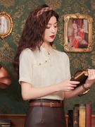 新中式雪纺缎面衬衫，上衣夏季2024年女士短袖，衬衣国风复古盘扣