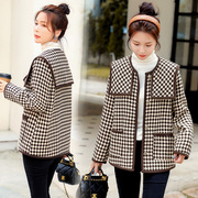 韩版秋冬法式复古方形披肩圆领拼色包边格纹编织毛呢短款外套