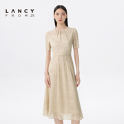 lancy悦朗姿女装，2023夏季圆领，蕾丝收腰短袖连衣裙子女百褶裙