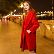 羊毛大衣红色中长款羊剪绒外套女chic韩版加厚2023冬