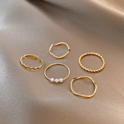 金银珍珠五件套戒指女小众设计轻奢时尚个性关节戒简约冷淡风指环
