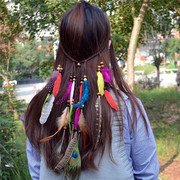 波西米亚民族风印第安嬉皮流苏头绳孔雀羽毛发绳头饰发带海边超仙