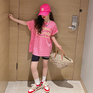 女童豹纹短袖t恤2023夏季儿童中大韩版，洋气时髦宽松上衣潮