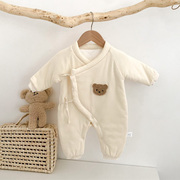 新生儿婴儿0-3个月2和尚薄夹棉连体衣服春秋装宝宝加棉哈衣秋冬季