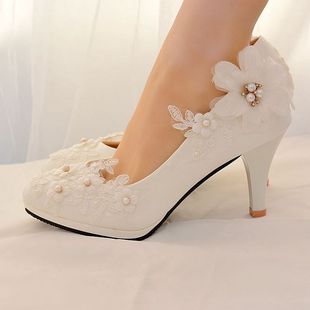 春夏新娘鞋结婚白色花朵，蕾丝珍珠绣花婚鞋伴娘，鞋宴会大码女鞋