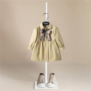 女童秋冬装娃娃领结风衣韩版中长款外套宽松风衣英伦风儿童装