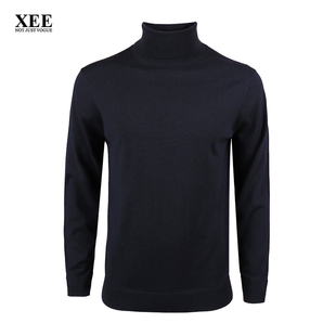 XEE商场同款 秋冬男士藏青色可翻高领毛衣薄款修身羊毛衫