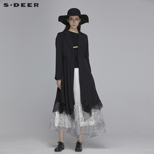 sdeer圣迪奥春装女装蕾丝拼接收腰中长款翻领黑色风衣S20181808
