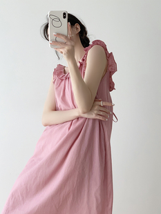 粉色苎麻后背抽绳式露背连衣裙，女夏设计感荷叶，边减龄宽松中长款裙