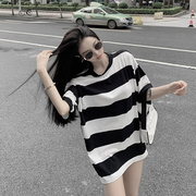 黑白条纹T恤女短袖2024夏季韩版宽松圆领中长款显瘦百搭上衣