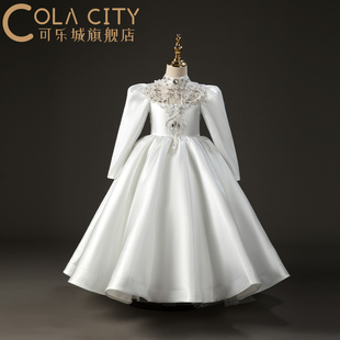 花童礼服洋气质白色公主裙小伴娘女孩婚纱生日走秀长袖钢琴演出服