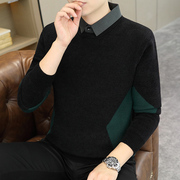 2023秋冬季假两件韩版毛衣男士加厚青年带领子针织衫衬衫领潮