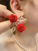红色玫瑰花耳环女小众设计感气质耳坠2023年潮纯银针高级耳饰
