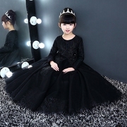 儿童晚礼服黑色公主裙女童洋气模特走秀宴会长袖主持人钢琴演出服