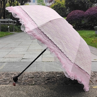 粉红色黑胶三折叠双层蕾丝防紫外线防晒遮阳太阳伞晴雨两用伞少女