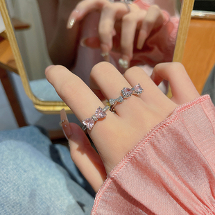 粉色蝴蝶结锆石戒指女ins小众设计感食指，戒2023年潮轻奢指环