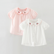 2023女童短袖上衣女宝夏季娃娃衫棉麻衬衫儿童宝宝衬衣洋气童装
