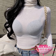 韩国23年冬款气质女郎，时尚高领修身打底微透圆弧下摆t恤