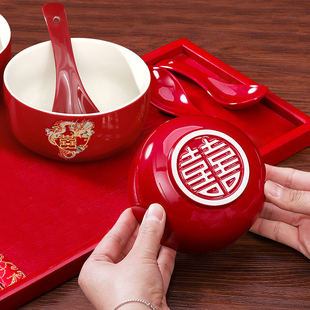 思泽结婚喜碗一对红色婚庆子孙碗，新人陪嫁品套碗筷陶瓷对碗筷勺