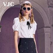 VJC/威杰思2023春夏女装娃娃领系带短袖衬衫商务通勤上衣