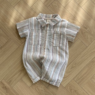 韩国进口婴儿男宝宝夏季时尚帅气翻领爬服竖条纹衬衫式连体衣