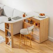 伸缩吧台桌家用实木隔断柜一体，岩板轻奢风，客厅沙发边收纳柜小户型