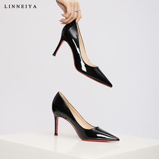 林内娅 一品红~性感漆皮黑色单鞋上班浅口尖头细跟情趣红底高跟鞋