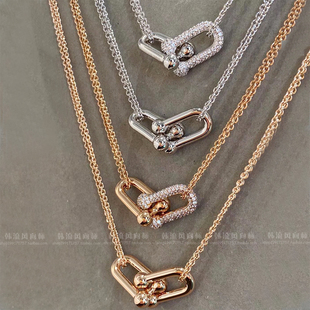 双环项链女镶钻18K玫瑰金双链条锁骨链轻奢高级设计感欧美范网红