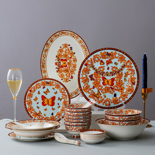 欧式西餐样板房骨瓷，陶瓷碗碟盘子餐具，套装28头高品质蝴蝶庄园