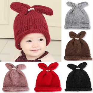 婴童韩版秋冬球子兔耳朵毛线帽针织帽宝宝帽子儿童帽婴儿冬帽