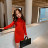 韩版女童红色针织连衣裙秋冬洋气，儿童宝宝内搭长款高领，打底毛衣裙(毛衣裙)
