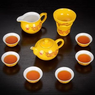 复古中式茶壶盖碗茶杯泡茶器陶瓷一壶六杯唐诗黑红黄金龙功夫茶具