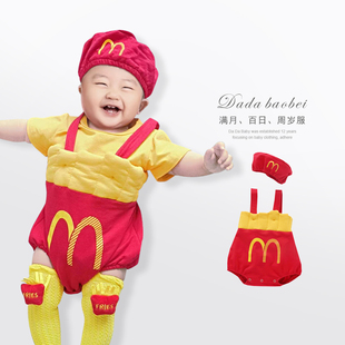 网红婴儿衣服男女宝宝可爱连体包屁衣短袖纯棉麦当劳造型帽子服装