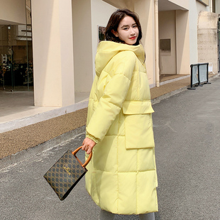 奶黄色羽绒棉服女中长款2024冬季韩版宽松棉衣，加厚保暖外套潮