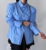 韩国春秋设计感小众蓝色垫肩，长袖衬衫女宽松慵懒风高级感衬衣上衣