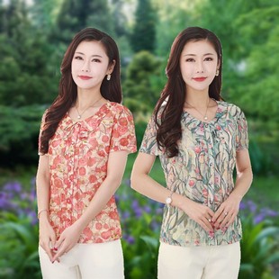 夏装中年女装短袖薄T恤速干台湾印花网纱洋气质妈妈衫上衣