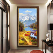 网红大芬村手绘玄关油画风景欧式客厅竖版美式走廊尽头过道装饰画