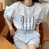 韩国chic夏季复古宫廷风娃娃，领刺绣花朵设计宽松泡泡，袖衬衫上衣女