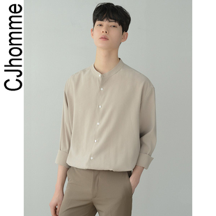 cjhomme韩版立领2022春夏男士棉麻衬衫，流行帅气简约时尚衬衣