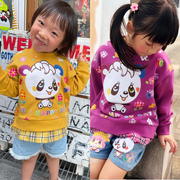 日本卡通熊猫潮牌crazy gogo21秋童装假两件英伦格子打底毛圈卫衣