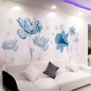蓝花背景墙面贴纸温馨客厅，装饰品贴画床头自粘墙纸，房间布置墙贴花