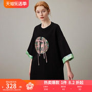 dfvc新中式国风圆领卫衣女春季2024黑色刺绣中长款宽松上衣